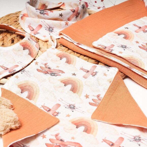 Baby Muslin blanket +burp cloth + toy + bib set, organic muslin baby bib, 4 laye - Picture 3 of 4